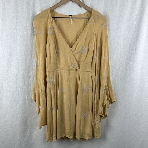 Free People Jasmine Embroidered Yellow Flare Sleeve Boho Mini Dress Womens S - Picture 1 of 15